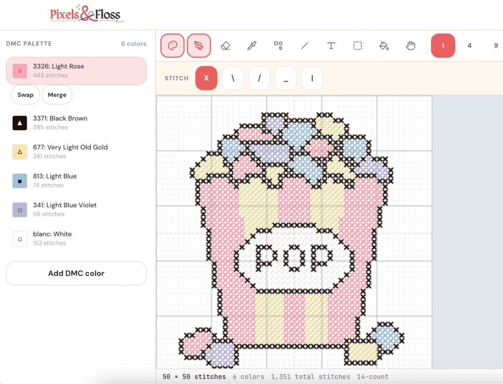 Pixels & Floss studio editing a popcorn cross stitch pattern on a zoomable grid with DMC colour list